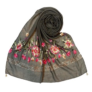 Designer hand work flower hijab - Grey